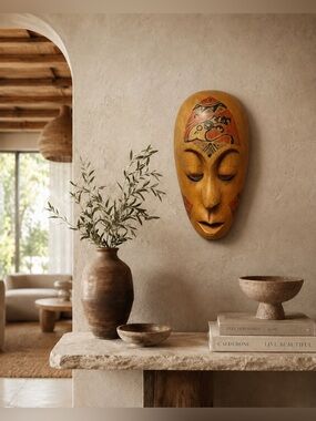 Handcrafted African Tribal Carved Wood Mask• Wall Decor 7.5” • Animal Motif